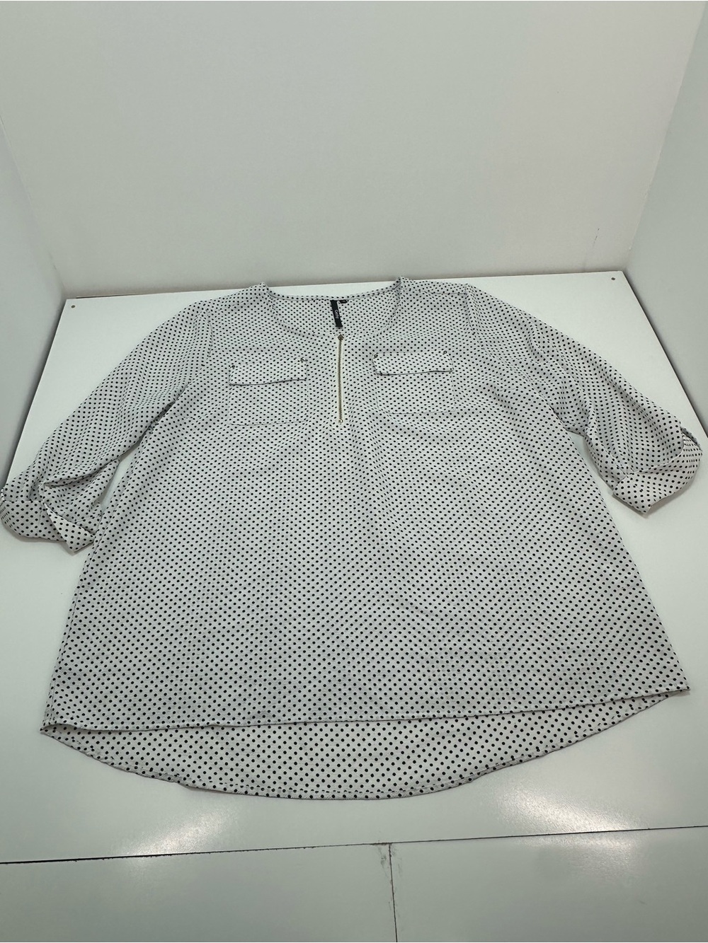 Cathy White Black Polka Dot Zip Neck 3/4 Sleeve Blouse Women’s XL C069